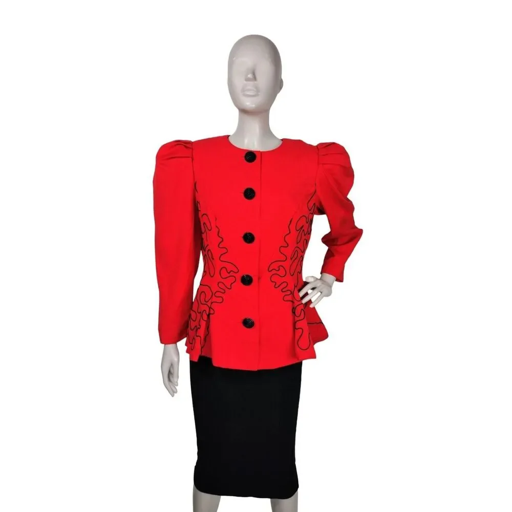 VTG 80s Does 40s Leslie Lucks Soutache High Shoulder Puff Sleeve Peplum Blazer